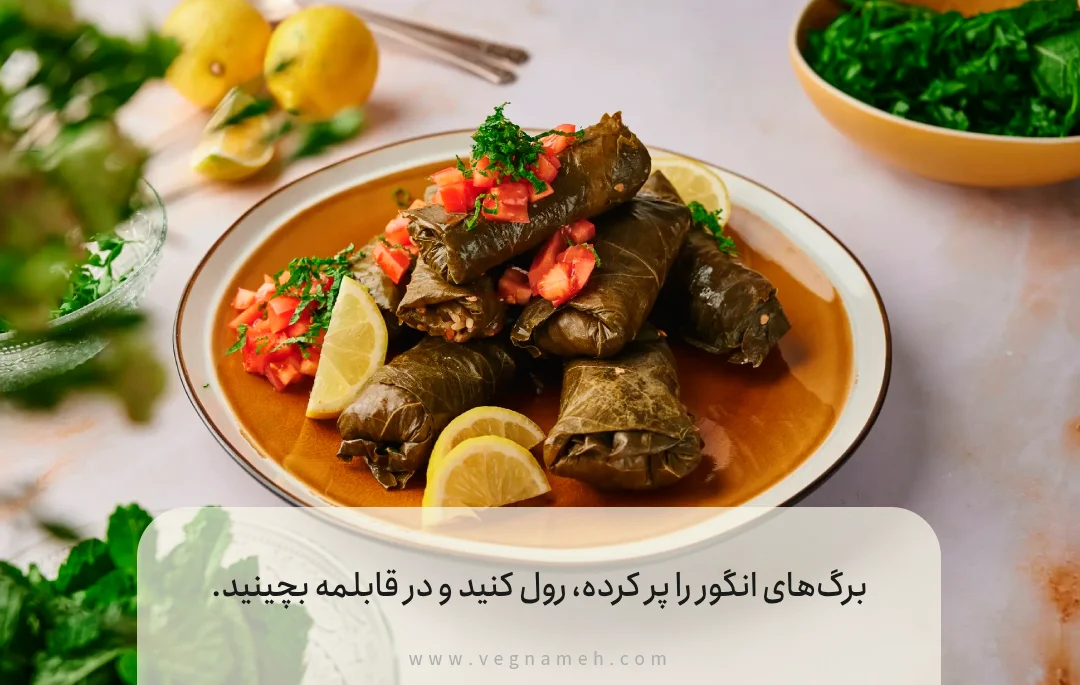 ۶. دلمه برگ انگور با برنج و سبزیجات